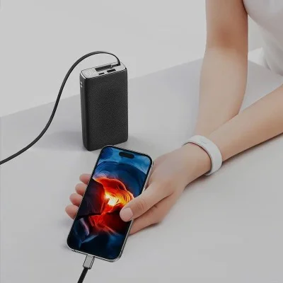Power Bank 20000Mah Retractable Cable Powerology - Black